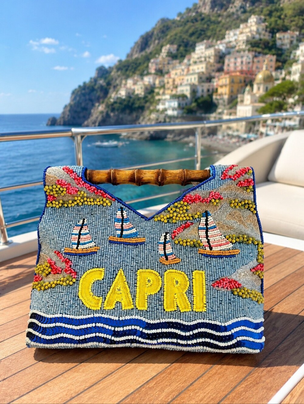 Handmade India Capri Beaded Tote Bag Bamboo Handles Beach Sailboat Vacation NWT